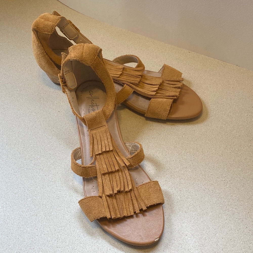 Suede Fringe Sandals - Tan